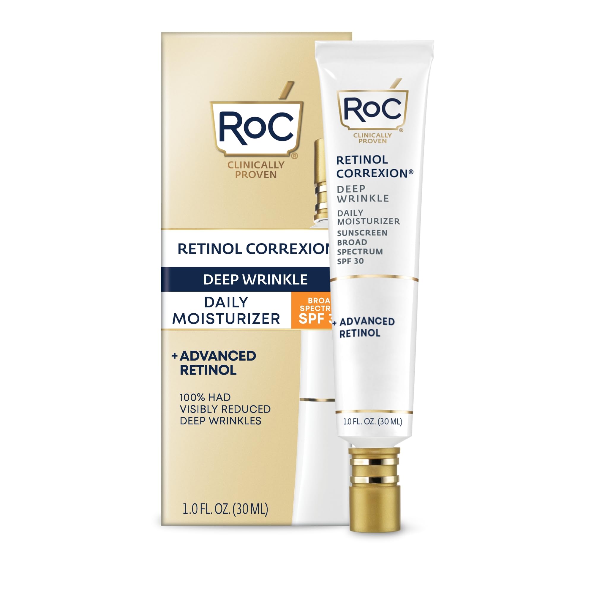 RoC Retinol Correxion Deep Wrinkle Daily Face Moisturizer SPF 30 for Fine Lines, Dark Spots, and Post-Acne Scars, 1 Ounc