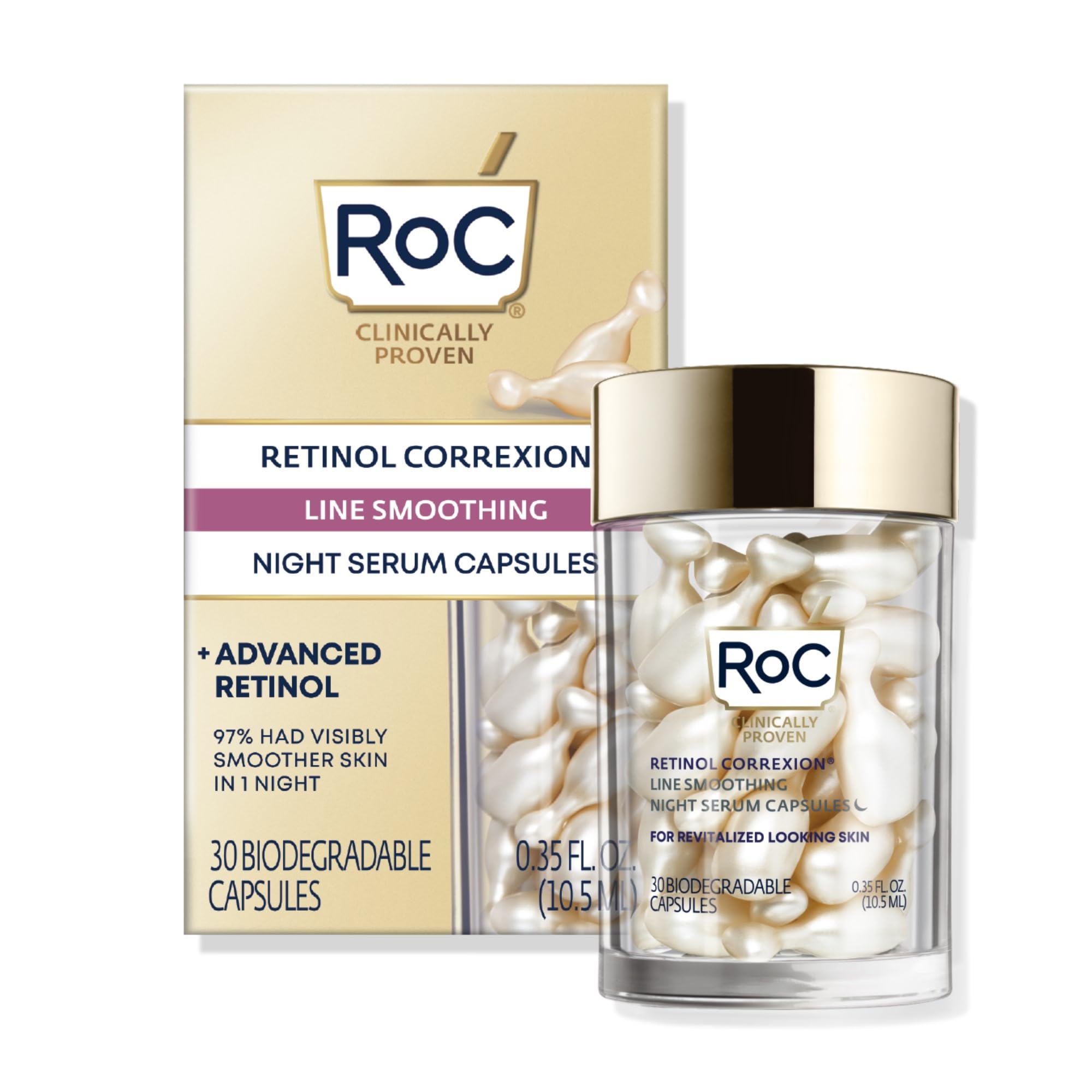 RoC Retinol Correxion Anti-Aging Wrinkle Night Serum for Daily Line Smoothing and Post-Acne Scars Care, Unscented, 30 In