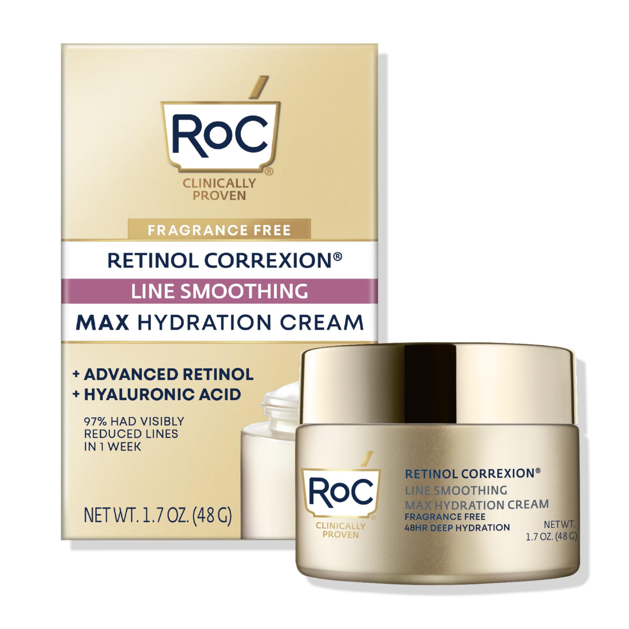 RoC Retinol Correxion Max Hydration Anti-Aging Fragrance-Free Oil-Free Moisturizer, Dry Skin Care, Daily Use, 1.7 Ounces