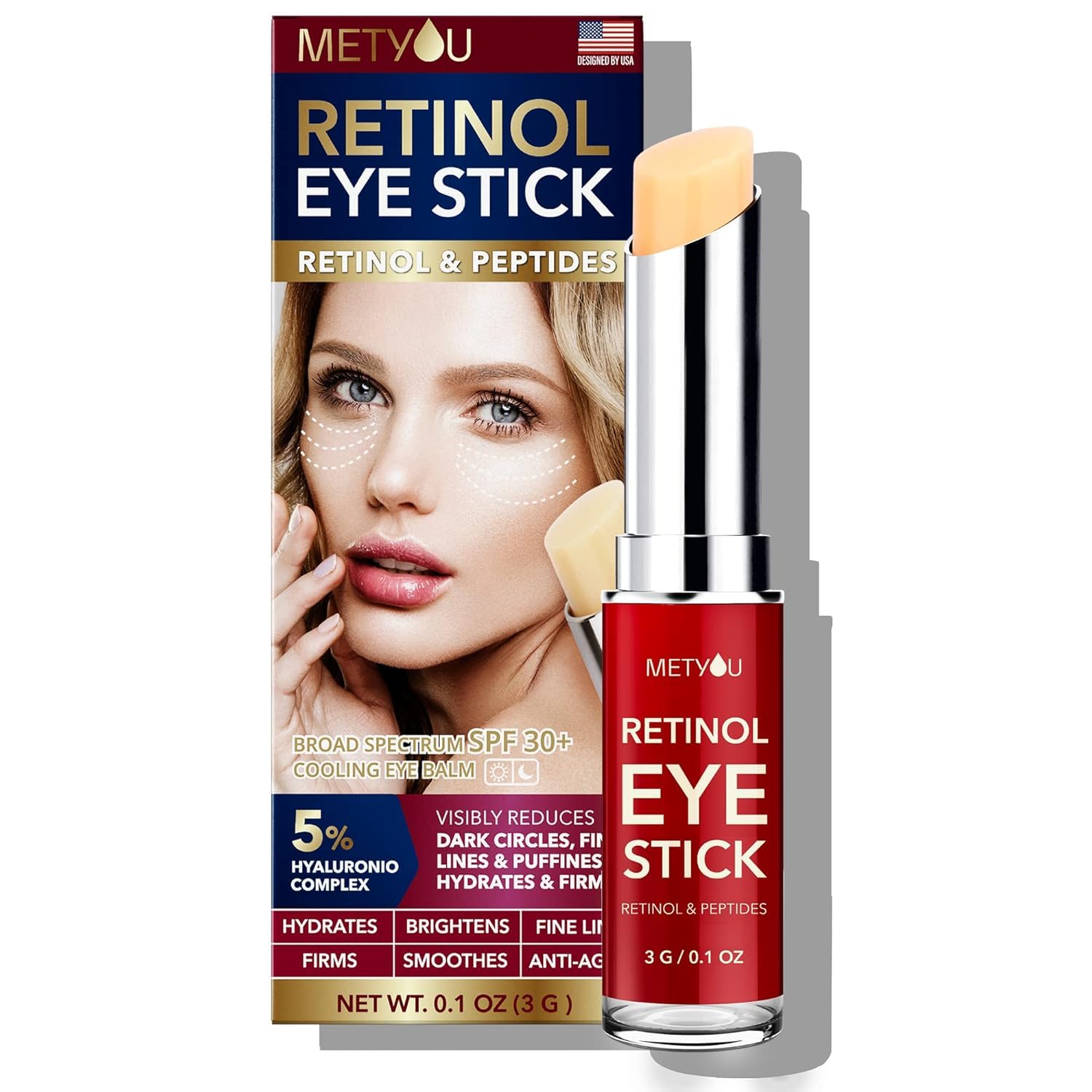 Metyou Retinol Eye Stick: Cooling & Brightening SPF 30+ for Dark Circles & Puffiness, Peptides & Hyaluronic Acid, Visibl