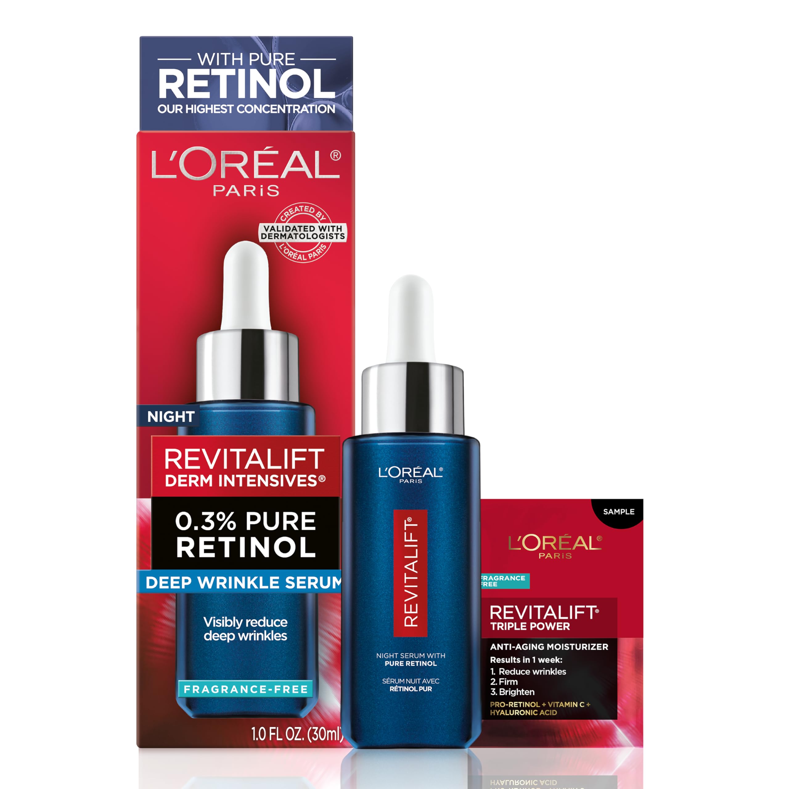 L'Oreal Paris Revitalift 0.3% Pure Retinol Night Serum, Reduce Deep Wrinkles for Mature Skin, Nighttime Use + Moisturiz
